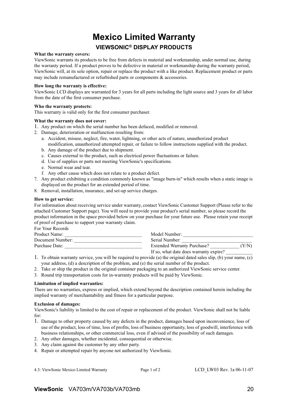 Mexico limited warranty | VIEWSONIC LCD Display VS11280 User Manual | Page 23 / 25