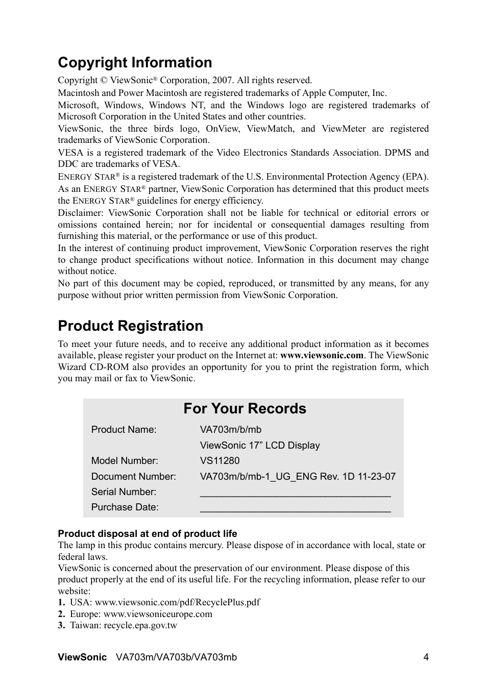 Copyright information, Product registration, For your records | VIEWSONIC LCD Display VS11280 User Manual | Page 7 / 25