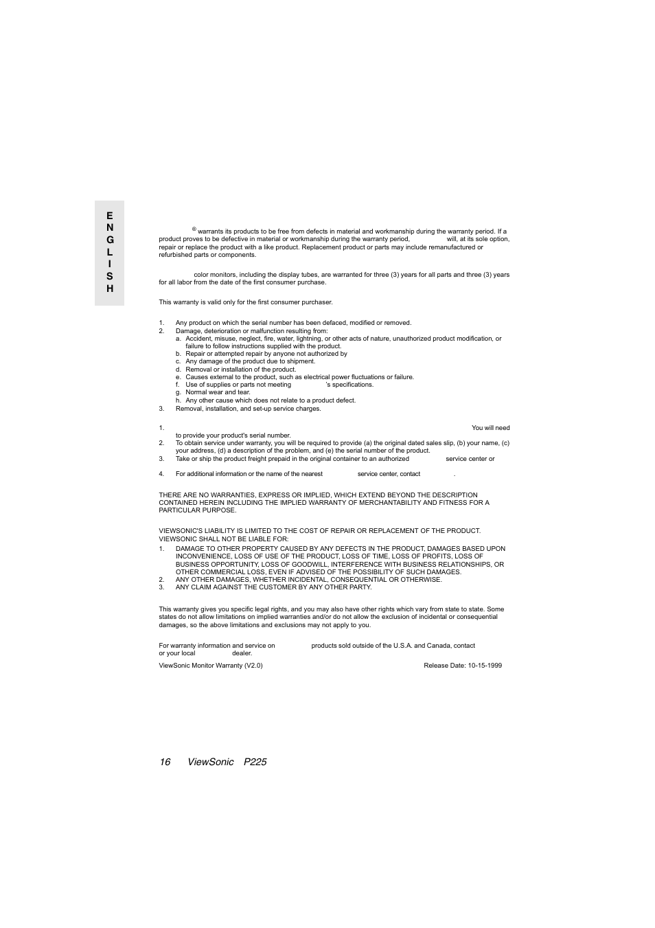 Limited warranty, Viewsonic monitors | VIEWSONIC P225 User Manual | Page 17 / 20