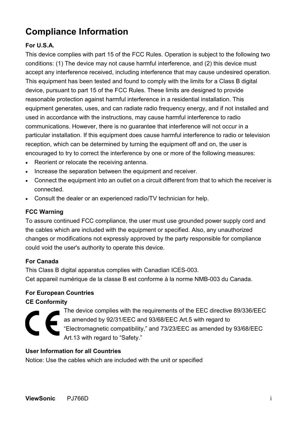 Compliance information | VIEWSONIC PJ766D-1 User Manual | Page 2 / 50