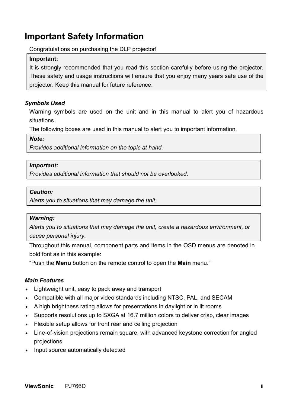 Important safety information | VIEWSONIC PJ766D-1 User Manual | Page 3 / 50
