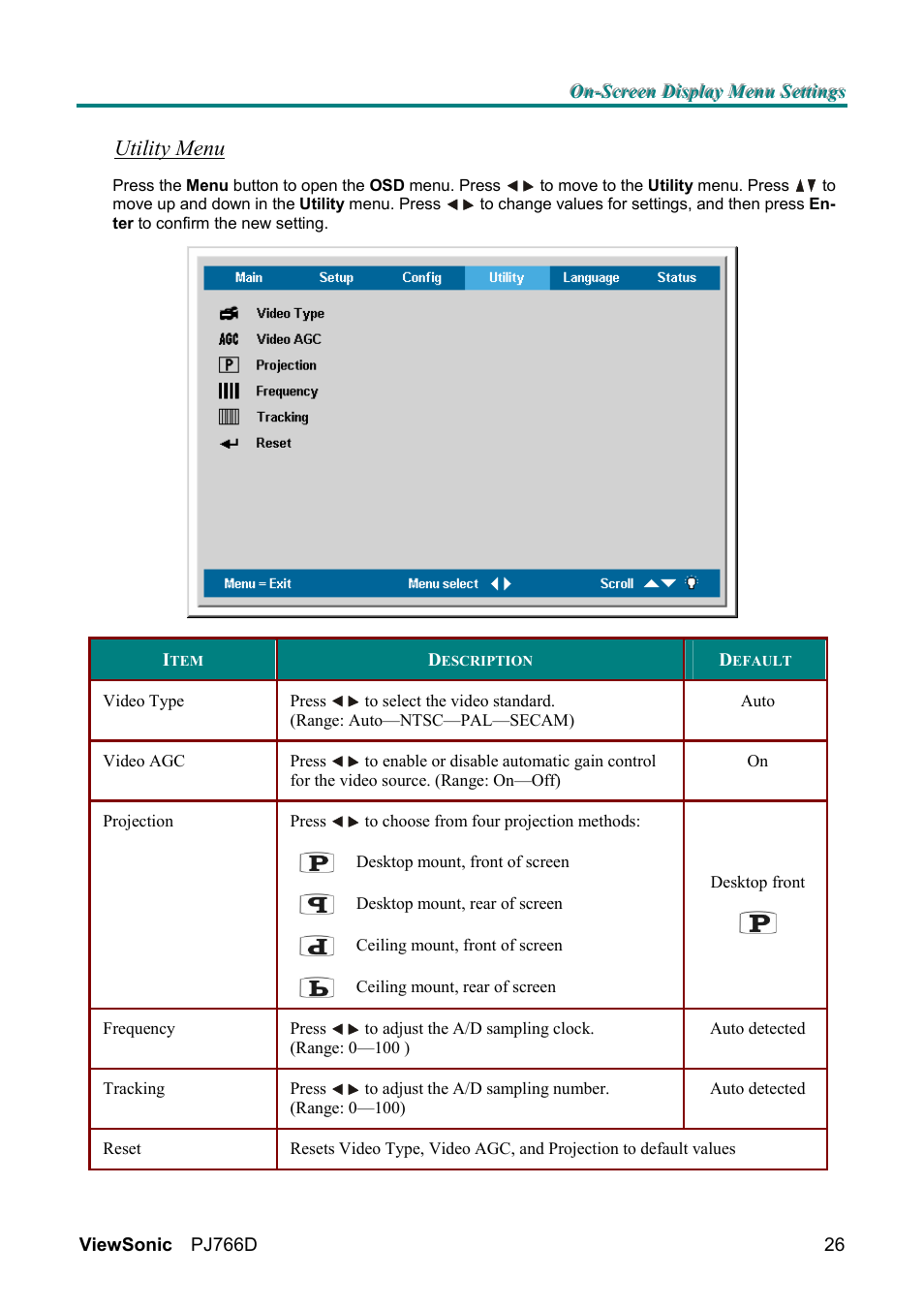 Utility menu | VIEWSONIC PJ766D-1 User Manual | Page 32 / 50