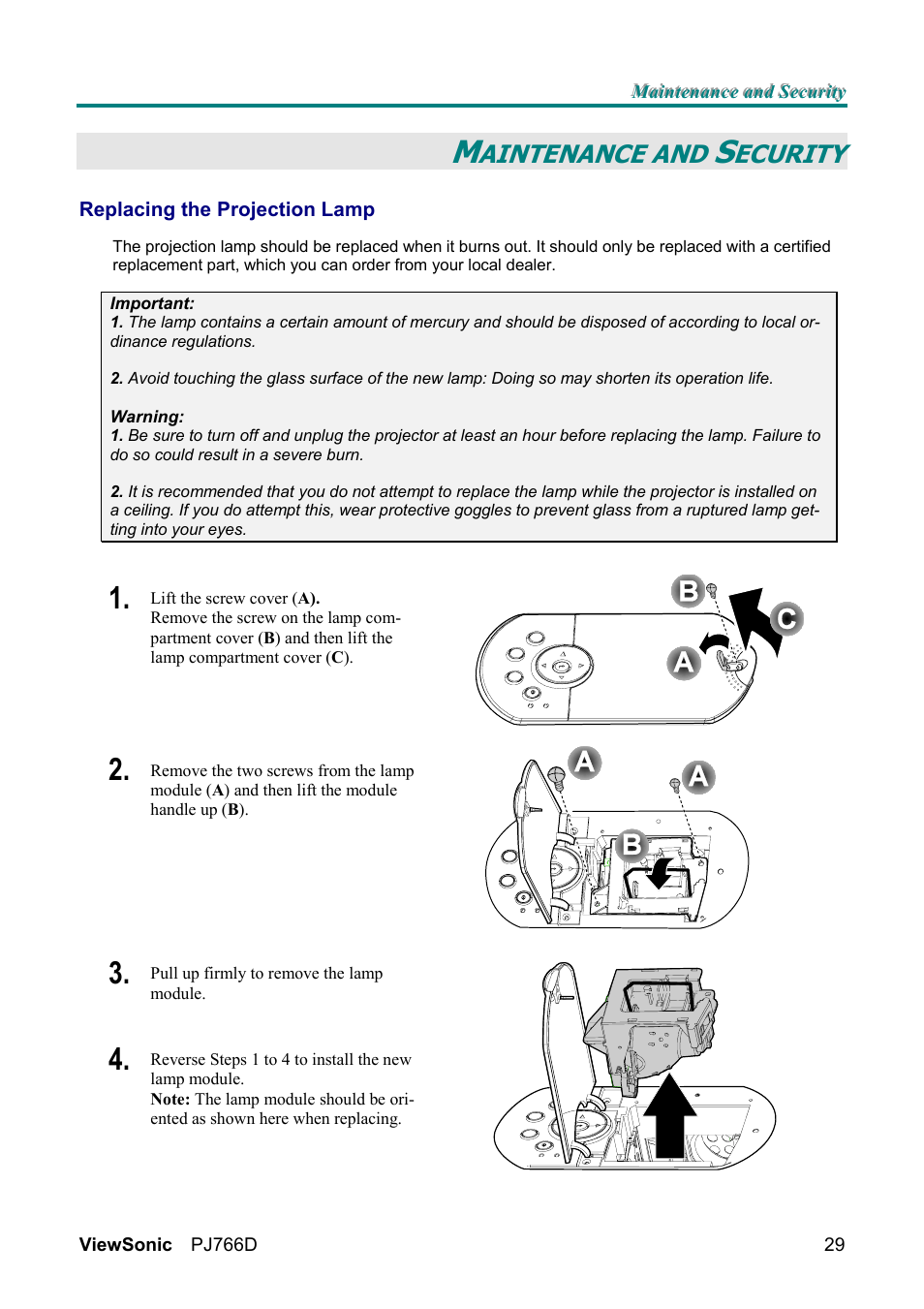 Aintenance and, Ecurity | VIEWSONIC PJ766D-1 User Manual | Page 35 / 50