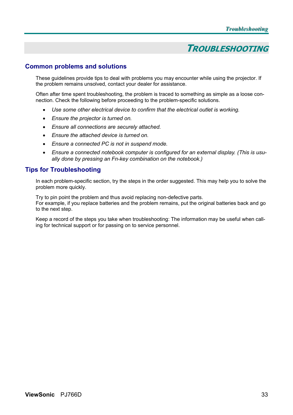 Roubleshooting | VIEWSONIC PJ766D-1 User Manual | Page 39 / 50