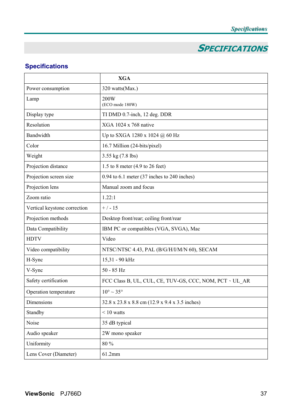Pecifications | VIEWSONIC PJ766D-1 User Manual | Page 43 / 50