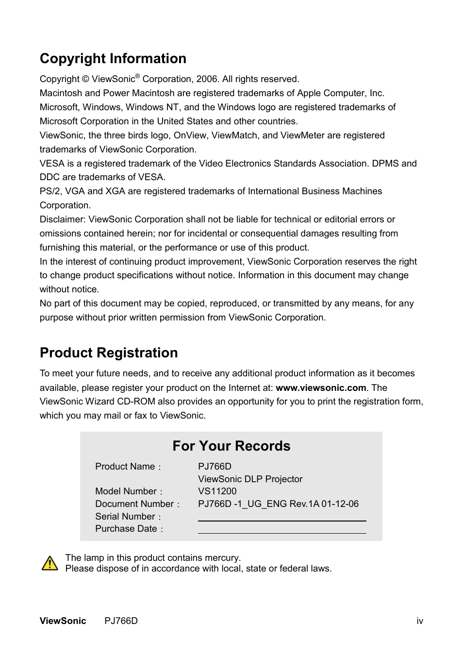 Copyright information, Product registration, For your records | VIEWSONIC PJ766D-1 User Manual | Page 5 / 50