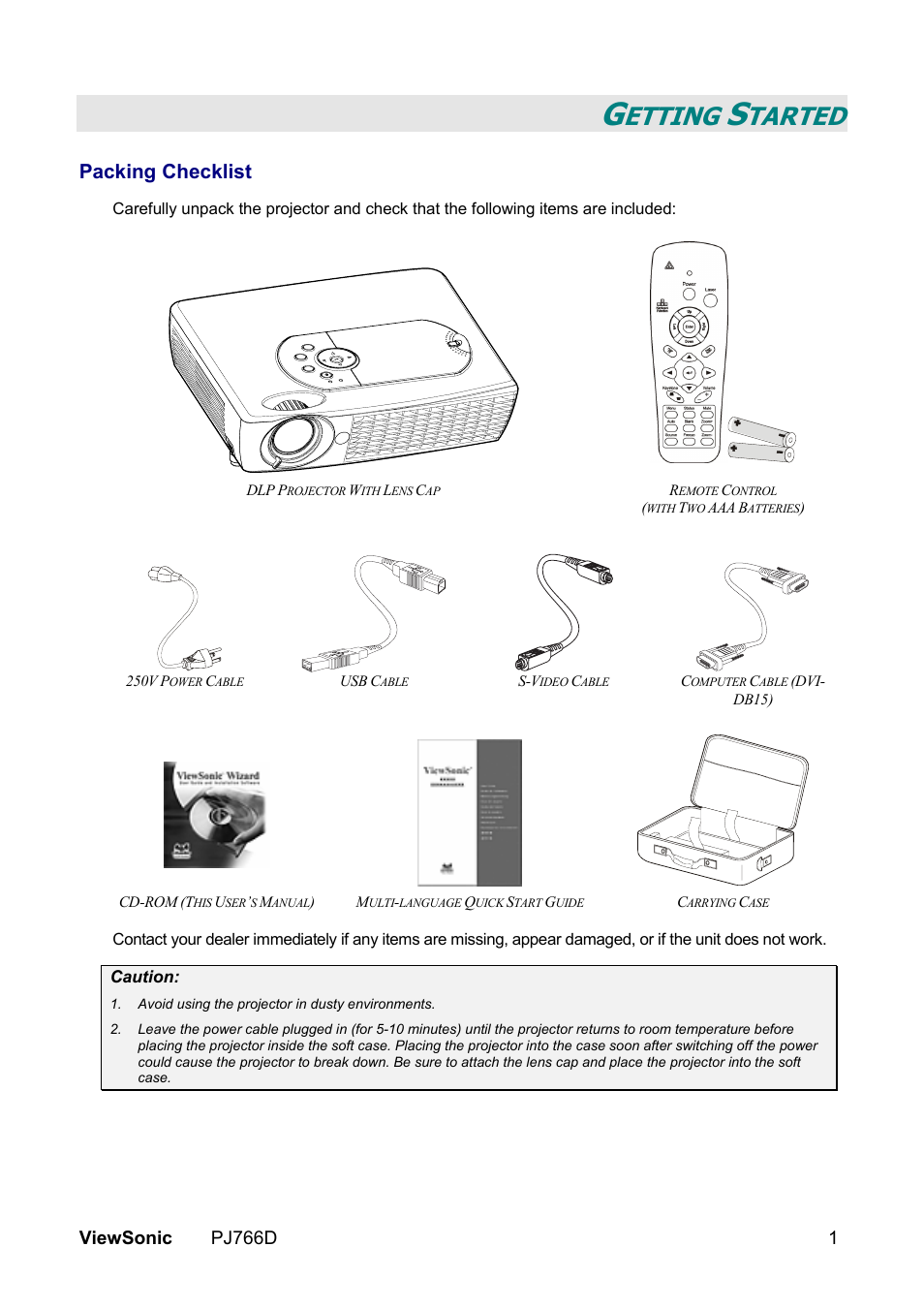 Etting, Tarted, Packing checklist | Viewsonic pj766d 1 | VIEWSONIC PJ766D-1 User Manual | Page 7 / 50