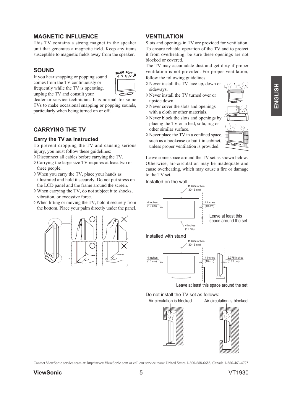 5english, Viewsonic vt1930 magnetic influence, Sound | Carrying the tv, Ventilation | VIEWSONIC VS12115-3M User Manual | Page 10 / 47
