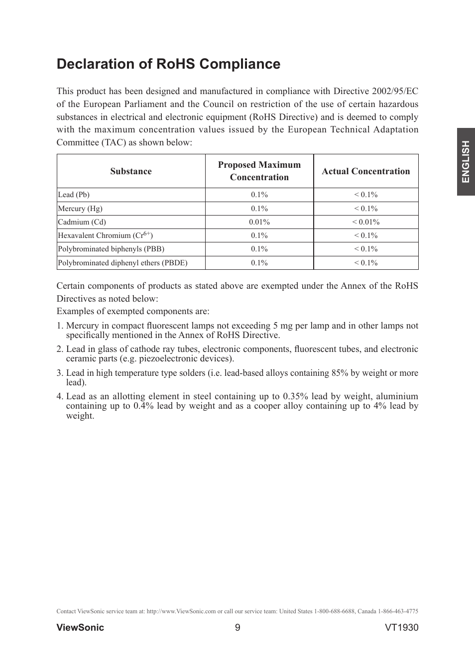 Declaration of rohs compliance | VIEWSONIC VS12115-3M User Manual | Page 14 / 47
