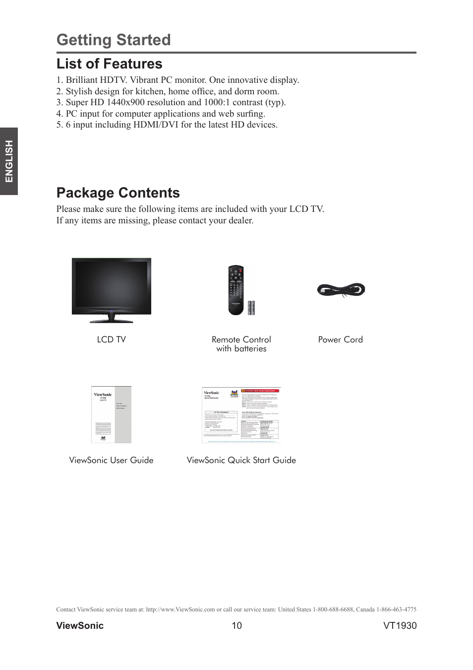 Getting started, Package contents, List of features | VIEWSONIC VS12115-3M User Manual | Page 15 / 47