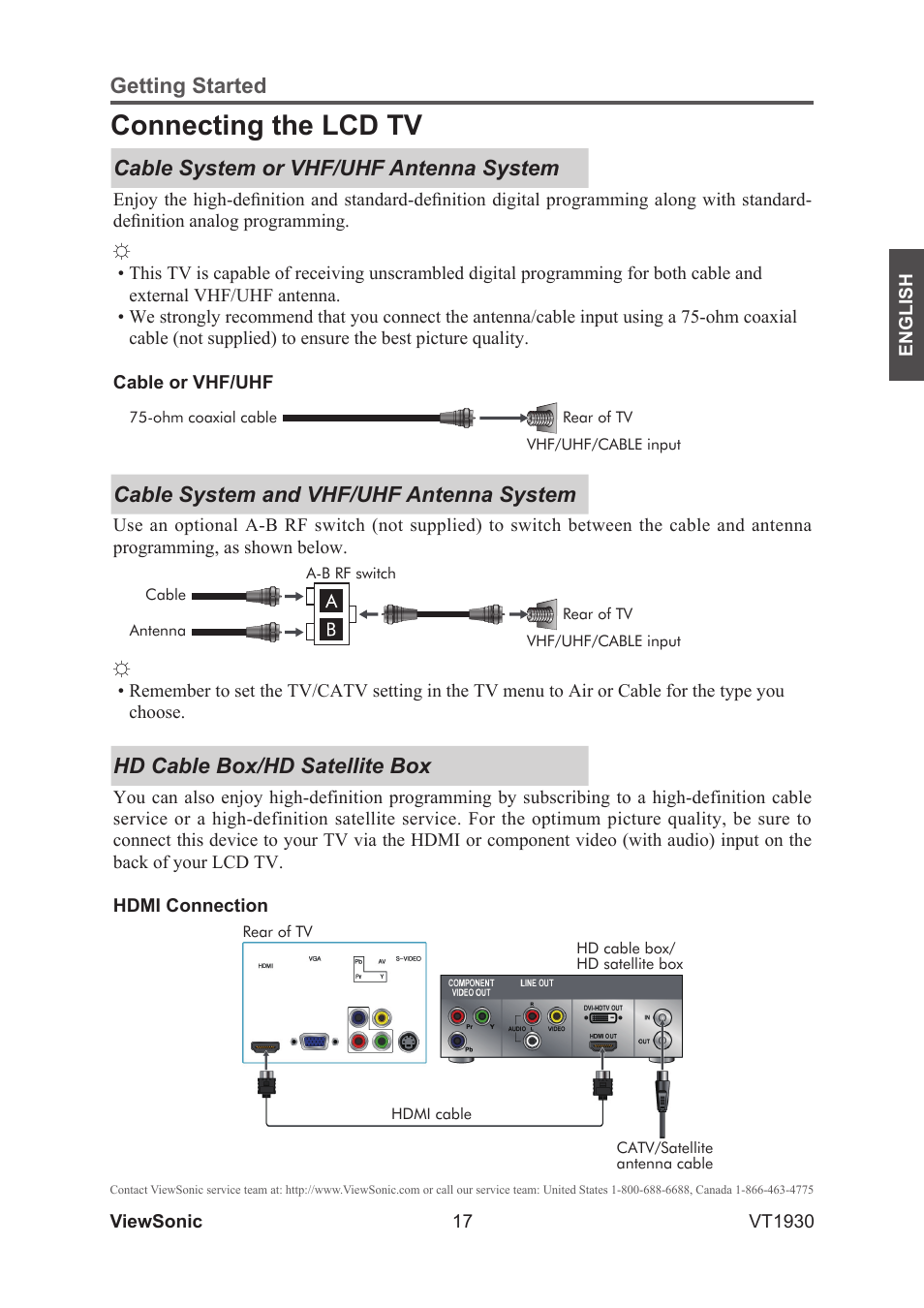 Connecting the lcd tv, Cable system and vhf/uhf antenna system, Hd cable box/hd satellite box | VIEWSONIC VS12115-3M User Manual | Page 22 / 47