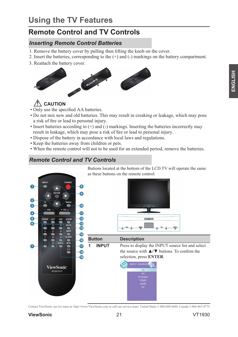Using the tv features, Remote control and tv controls | VIEWSONIC VS12115-3M User Manual | Page 26 / 47