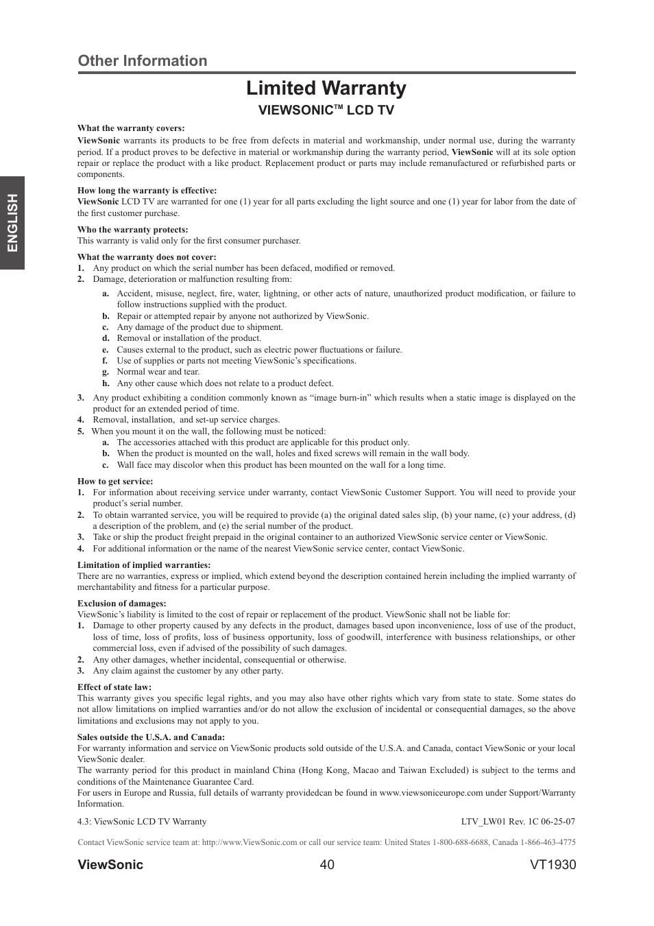 Limited warranty, Other information, 40 english | Viewsonic vt1930, Viewsonic, Lcd tv | VIEWSONIC VS12115-3M User Manual | Page 45 / 47