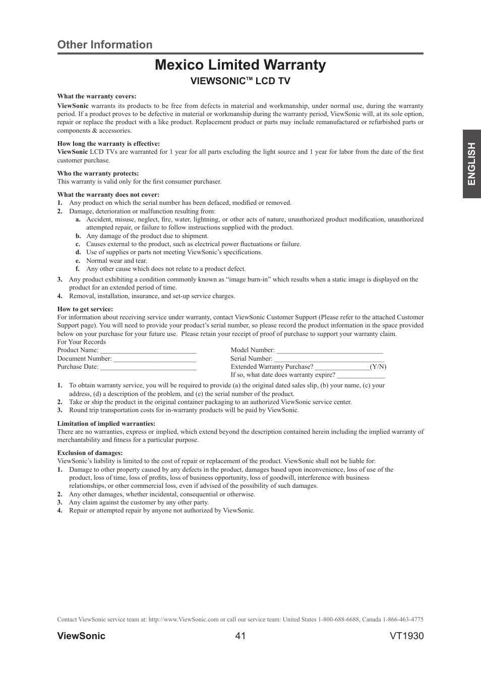 Mexico limited warranty, Other information, 41 english | Viewsonic vt1930, Viewsonic, Lcd tv | VIEWSONIC VS12115-3M User Manual | Page 46 / 47