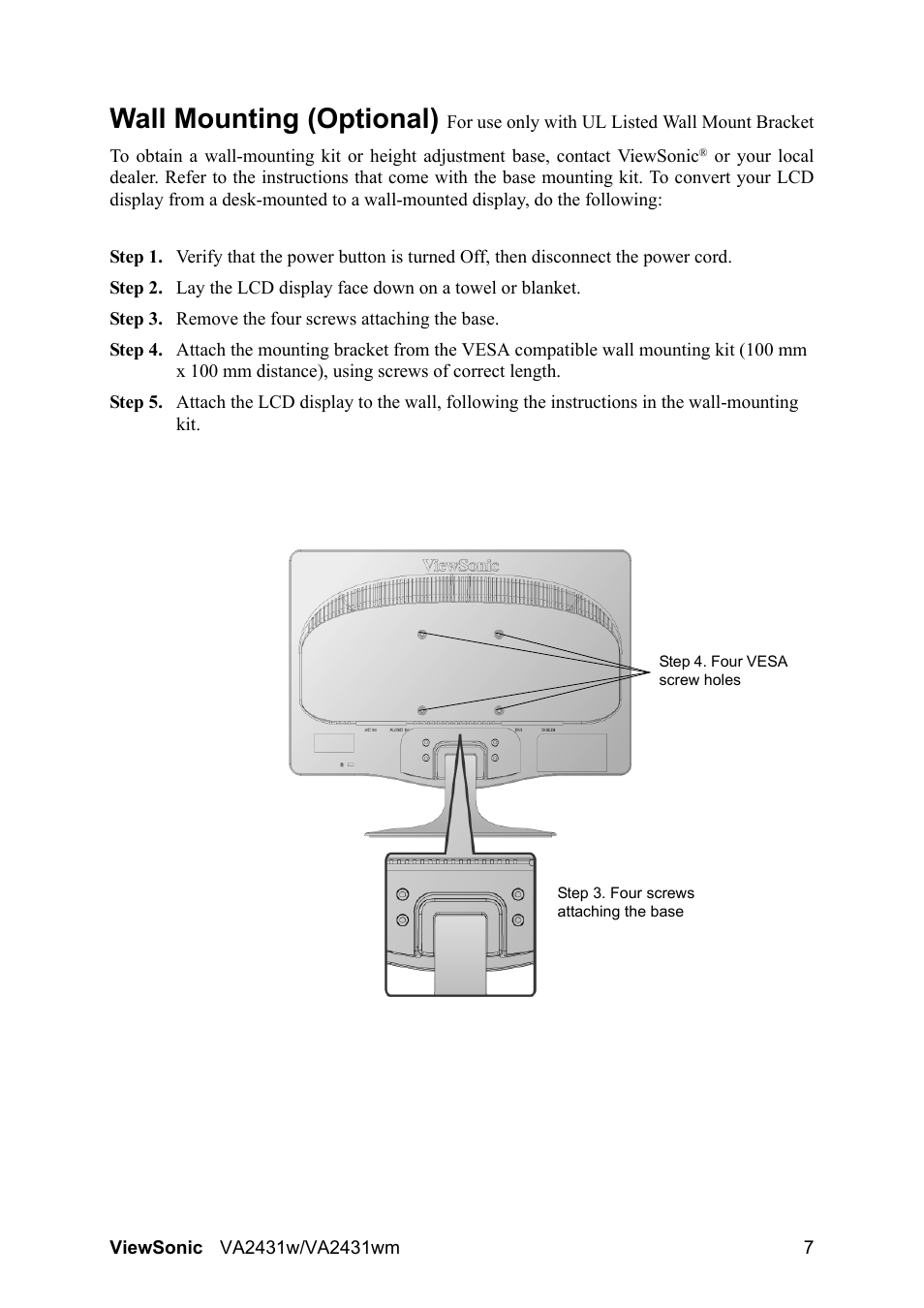 Wall mounting (optional) | VIEWSONIC VS12996 User Manual | Page 10 / 26