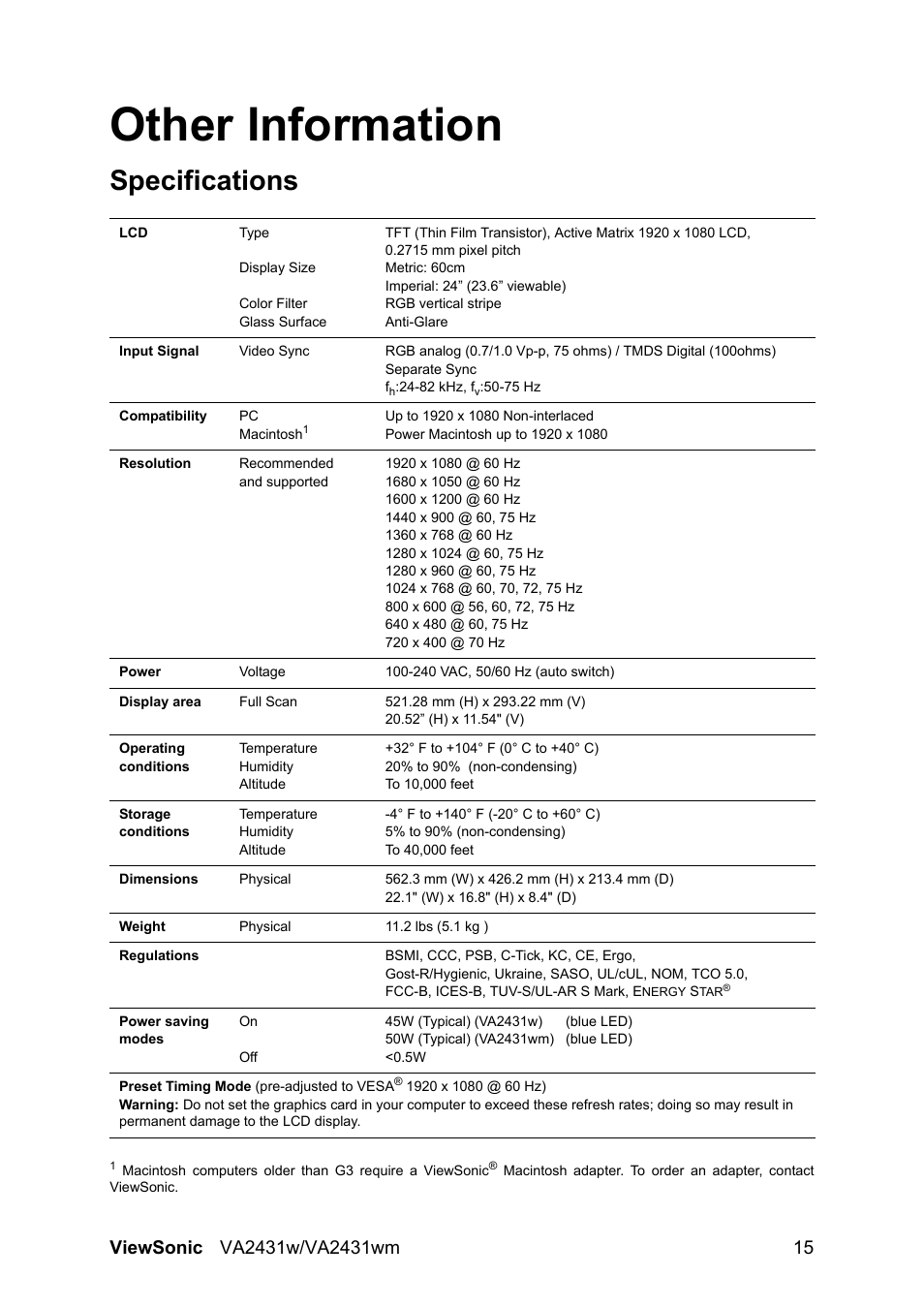 Other information, Specifications | VIEWSONIC VS12996 User Manual | Page 18 / 26