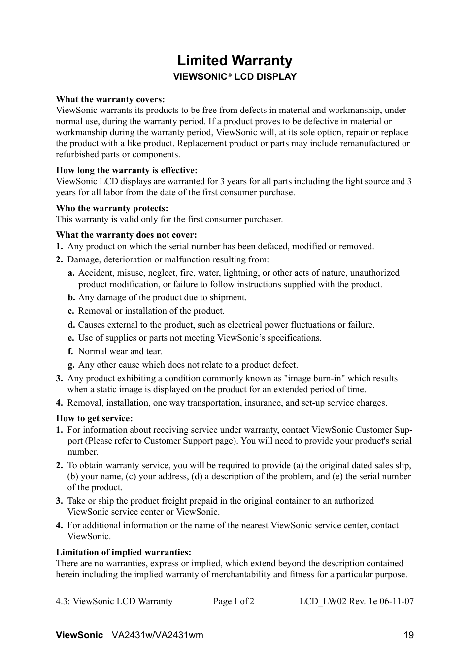 Limited warranty | VIEWSONIC VS12996 User Manual | Page 22 / 26