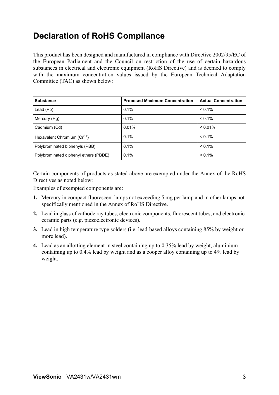 Declaration of rohs compliance | VIEWSONIC VS12996 User Manual | Page 6 / 26
