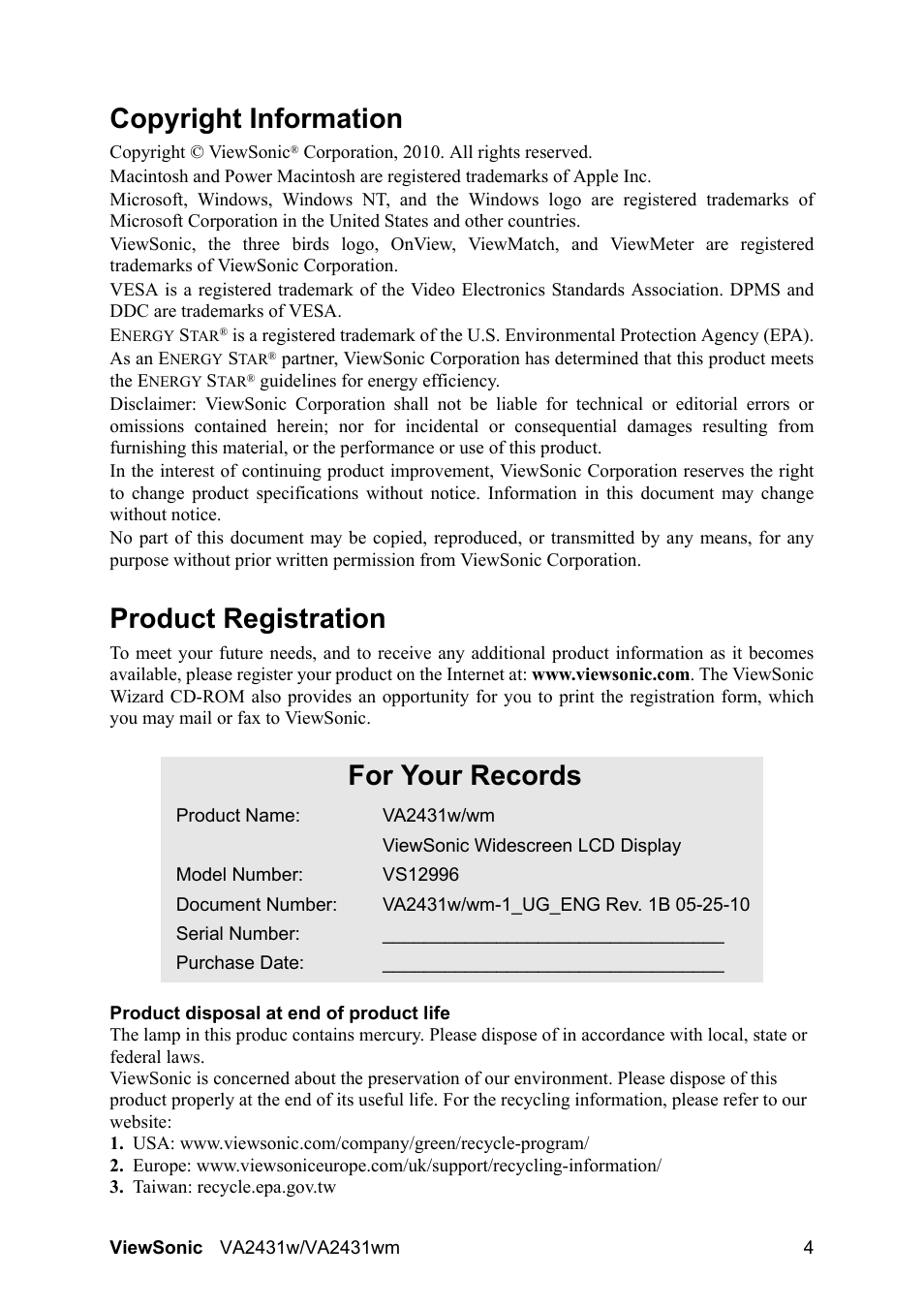 Copyright information, Product registration, For your records | VIEWSONIC VS12996 User Manual | Page 7 / 26