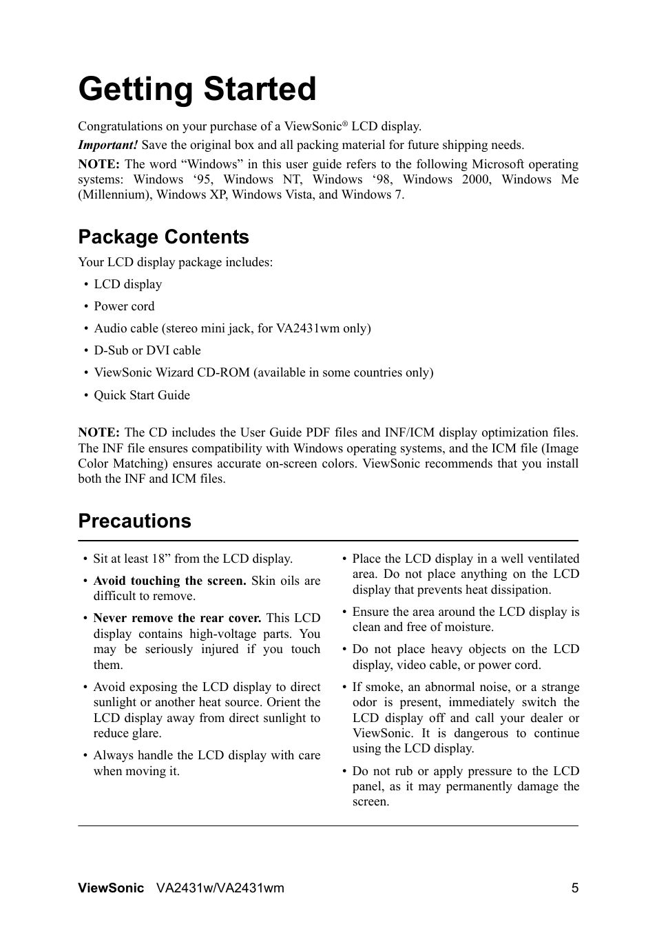 Getting started, Package contents, Precautions | VIEWSONIC VS12996 User Manual | Page 8 / 26
