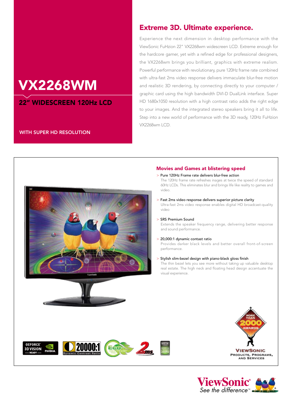 VIEWSONIC 22" Widescreen 120Hz LCD VX2268WM User Manual | 2 pages