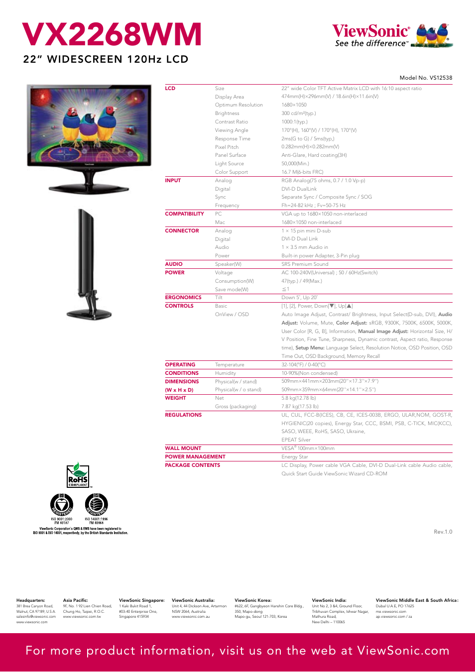 Vx2268wm | VIEWSONIC 22" Widescreen 120Hz LCD VX2268WM User Manual | Page 2 / 2