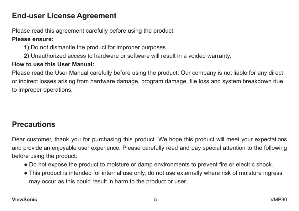 End-user license agreement, Precautions | VIEWSONIC VS12770 User Manual | Page 10 / 25