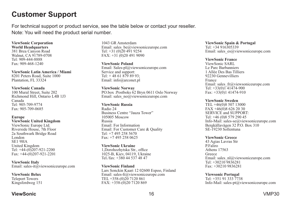 Customer support | VIEWSONIC VS12770 User Manual | Page 21 / 25