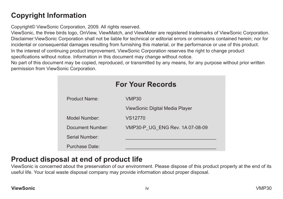 Copyright information, For your records, Product disposal at end of product life | VIEWSONIC VS12770 User Manual | Page 5 / 25