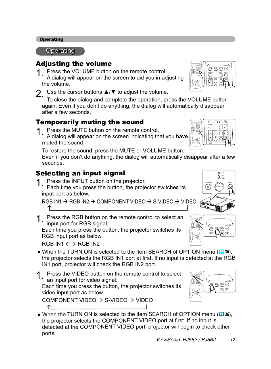 2shudwlqj $gmxvwlqjwkhyroxph, 7hpsrudulo\pxwlqjwkhvrxqg, 6hohfwlqjdqlqsxwvljqdo | VIEWSONIC PJ552 User Manual | Page 21 / 56