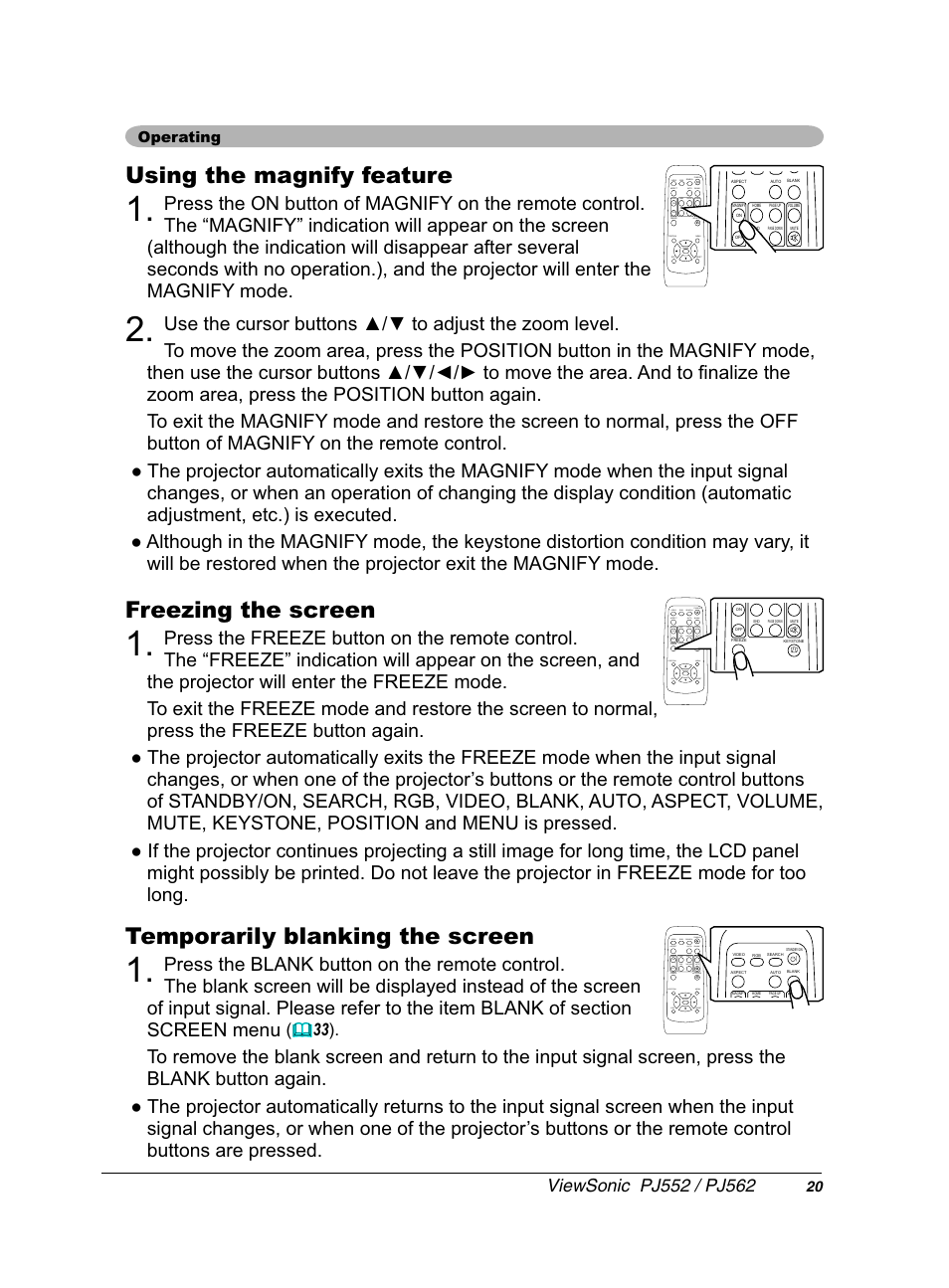 Uhh]lqjwkhvfuhhq, 8vlqjwkhpdjqli\ihdwxuh, 7hpsrudulo\eodqnlqjwkhvfuhhq | VIEWSONIC PJ552 User Manual | Page 24 / 56