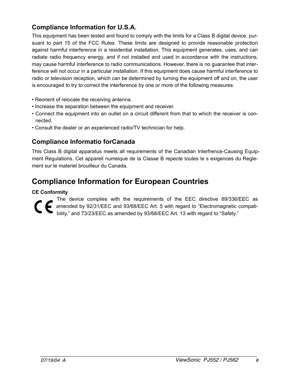 Compliance information for european countries | VIEWSONIC PJ552 User Manual | Page 3 / 56