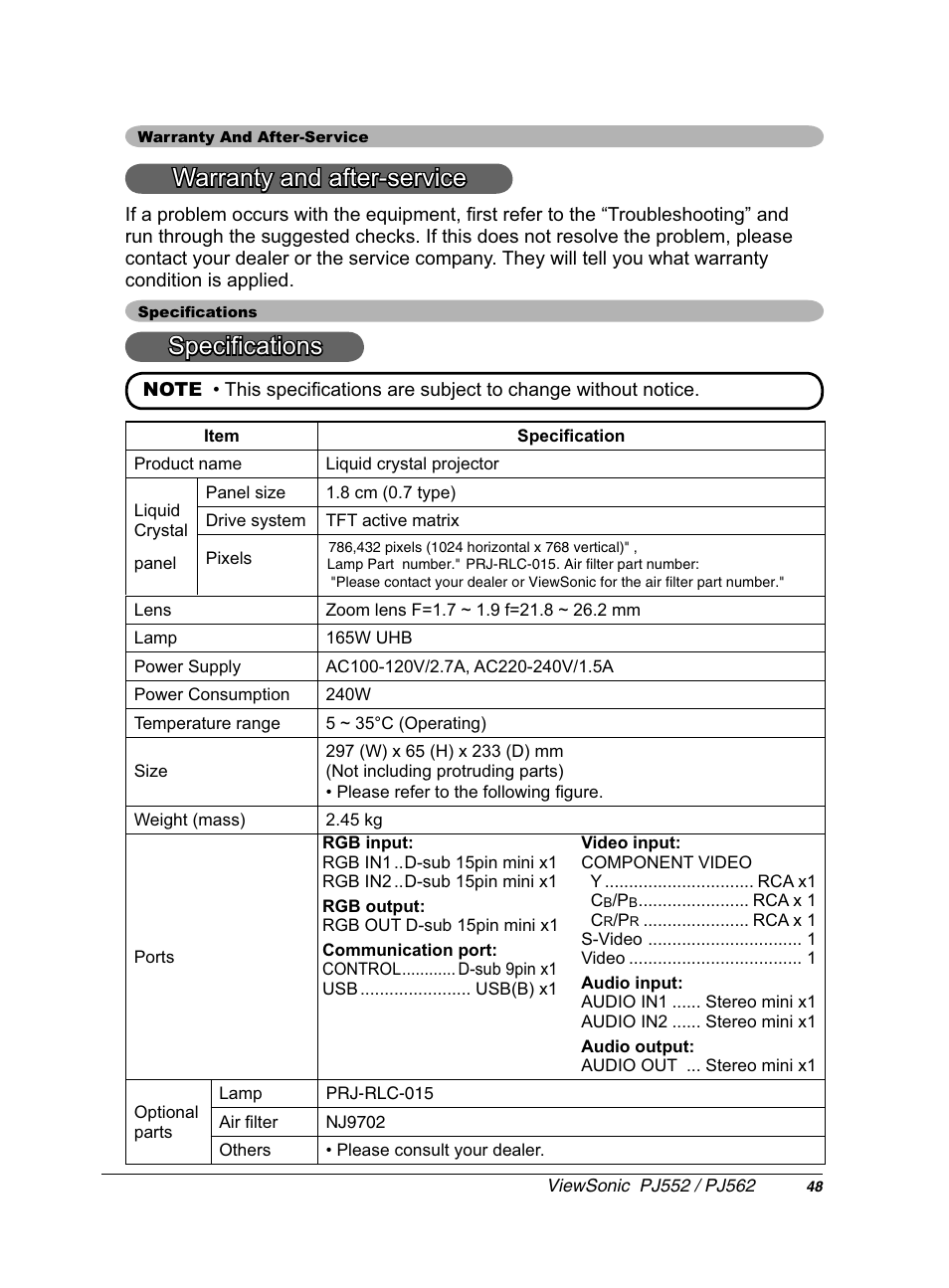 Duudqw\dqgdiwhuvhuylfh, 6shfl¿fdwlrqv | VIEWSONIC PJ552 User Manual | Page 52 / 56