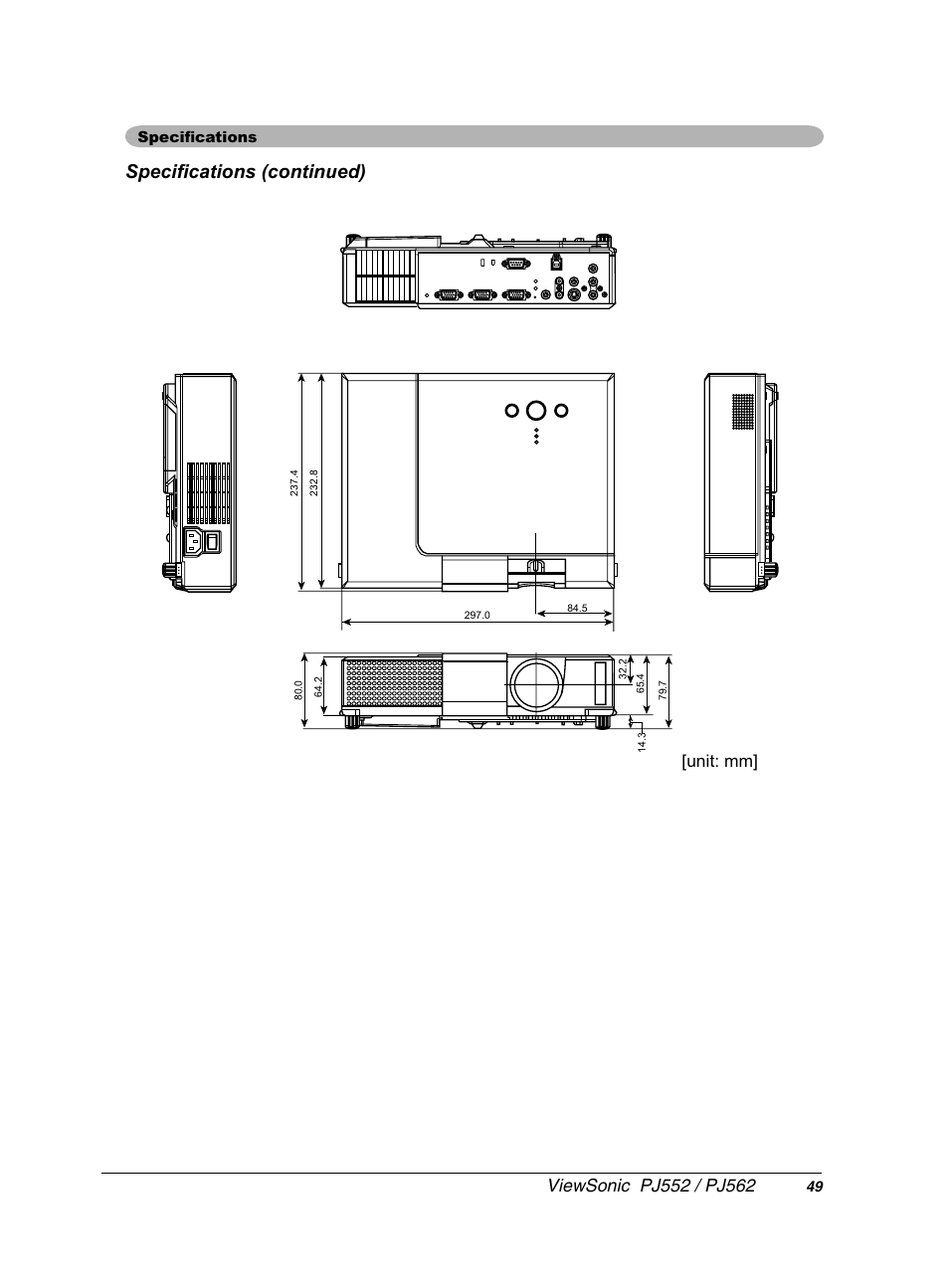 6shfl¿fdwlrqv frqwlqxhg, Xqlwpp | VIEWSONIC PJ552 User Manual | Page 53 / 56