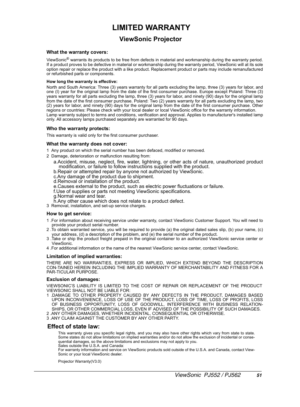 Limited warranty, Viewsonic projector, Effect of state law | VIEWSONIC PJ552 User Manual | Page 55 / 56