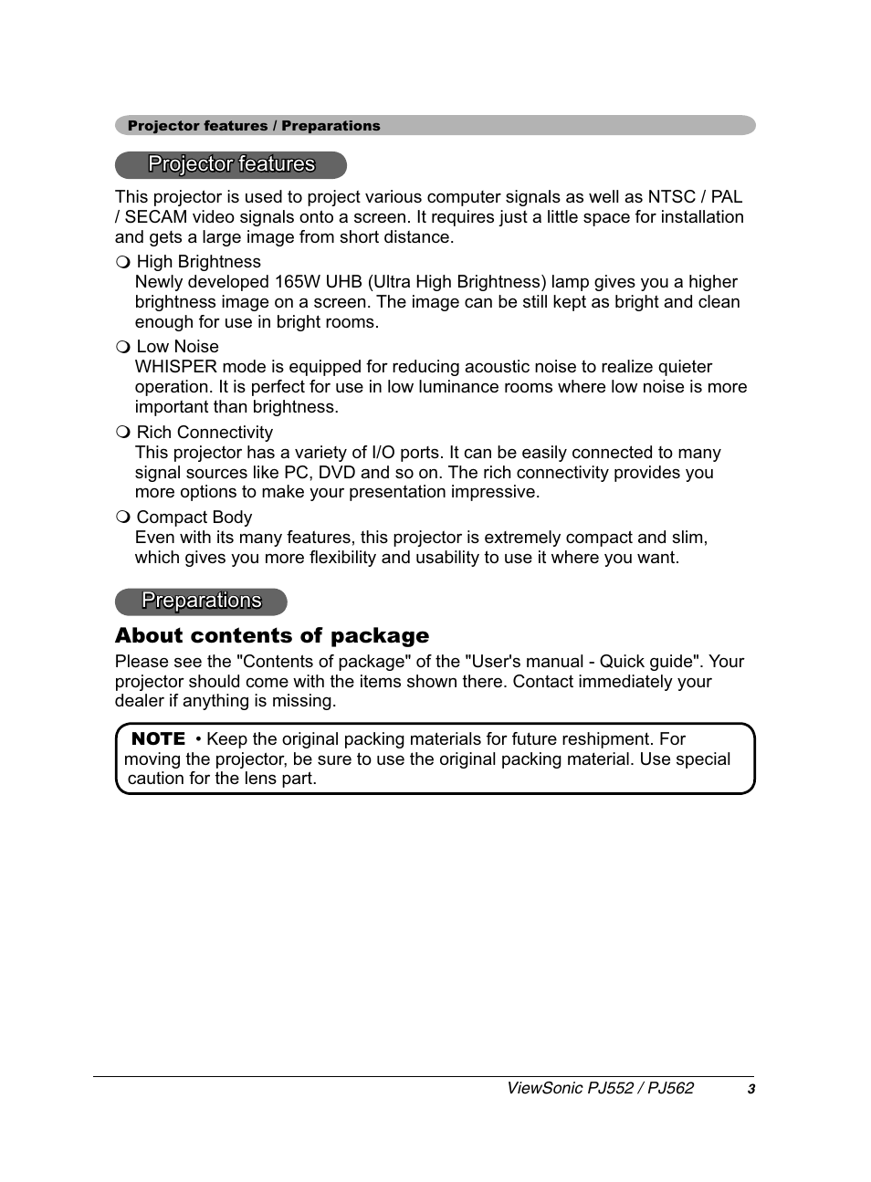 3urmhfwruihdwxuhv, 3uhsdudwlrqv $erxwfrqwhqwvrisdfndjh | VIEWSONIC PJ552 User Manual | Page 7 / 56
