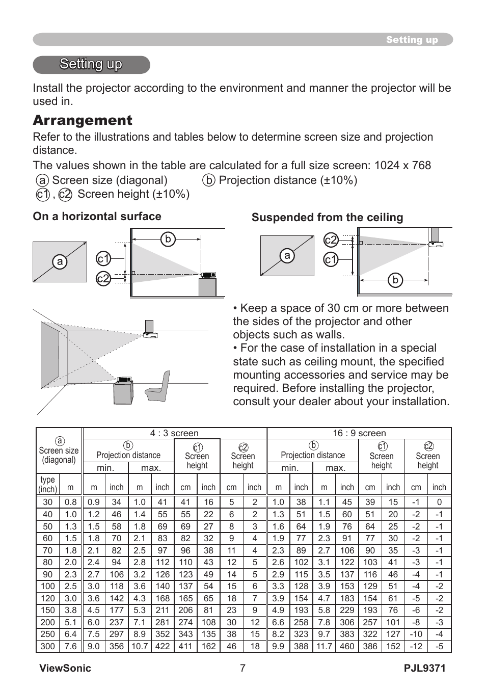 Arrangement, Setting up | VIEWSONIC XGA LCD PROJECTOR pjl9371 User Manual | Page 12 / 89