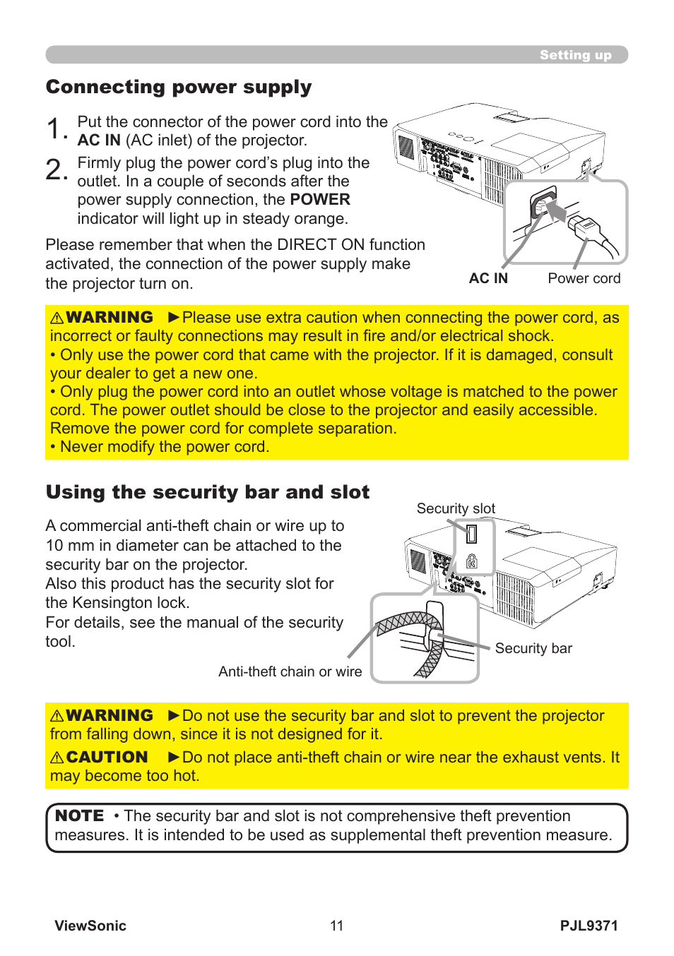 Connecting power supply, Using the security bar and slot | VIEWSONIC XGA LCD PROJECTOR pjl9371 User Manual | Page 16 / 89