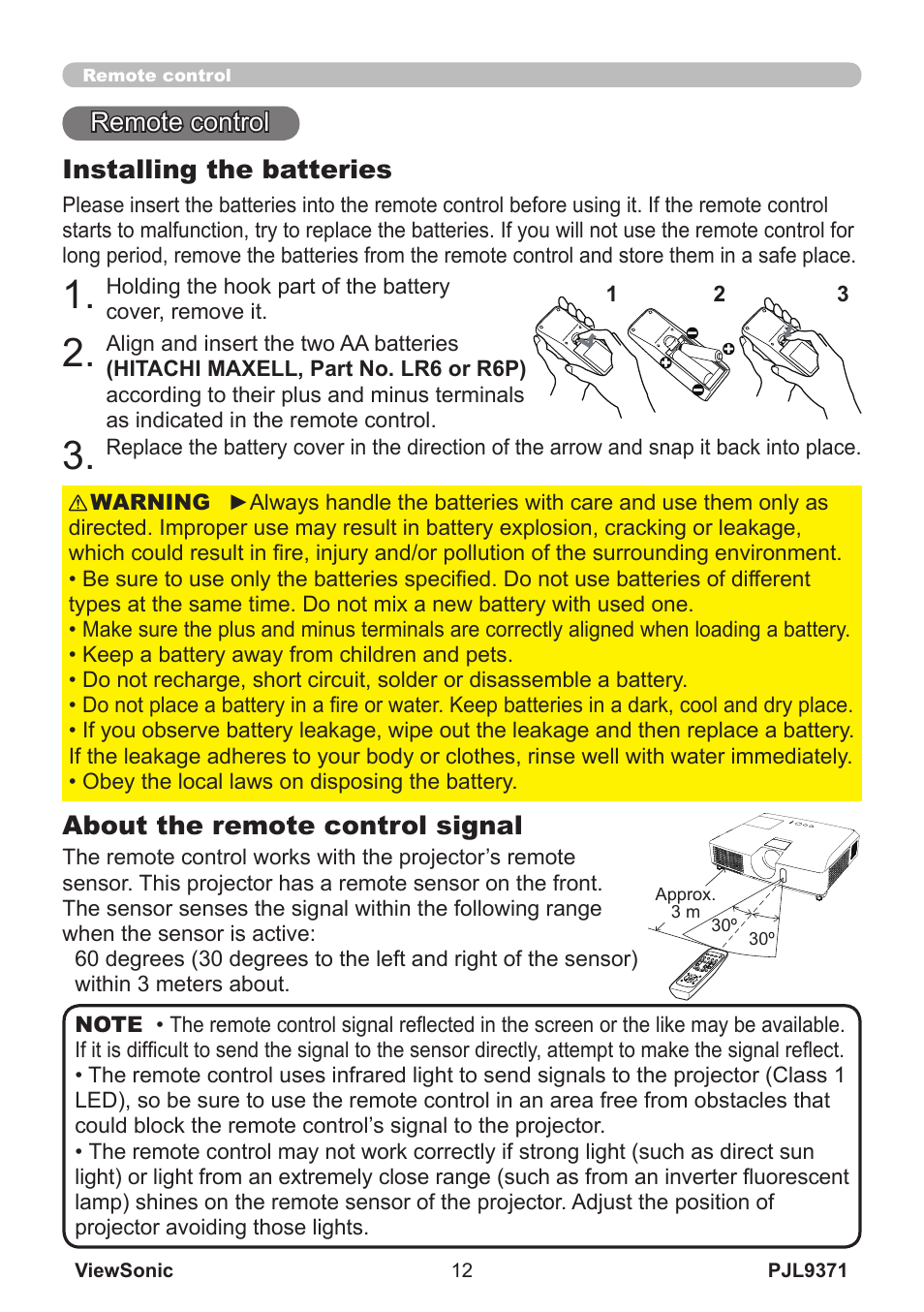 Remote control about the remote control signal, Installing the batteries | VIEWSONIC XGA LCD PROJECTOR pjl9371 User Manual | Page 17 / 89