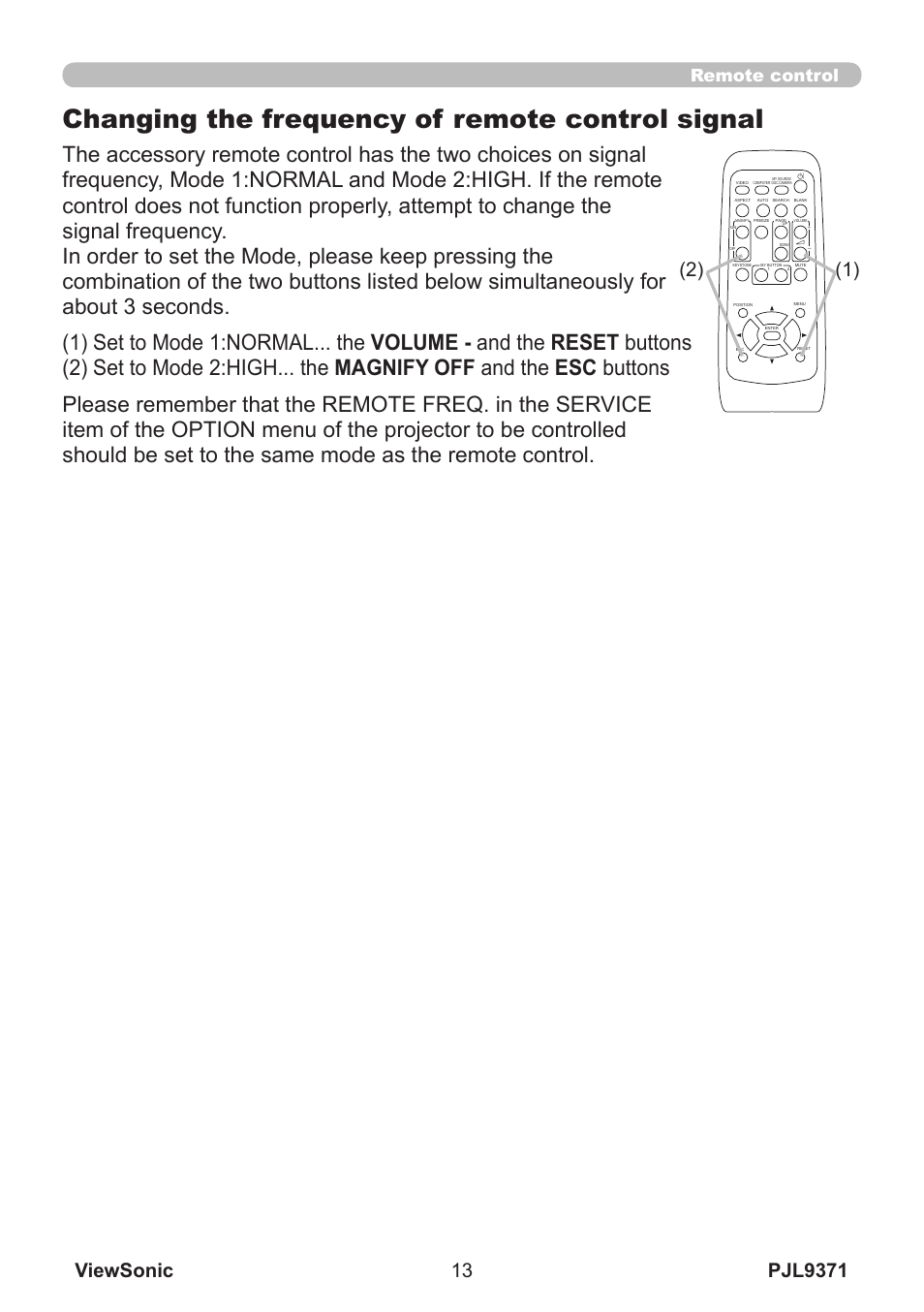 Changing the frequency of remote control signal, Remote control | VIEWSONIC XGA LCD PROJECTOR pjl9371 User Manual | Page 18 / 89