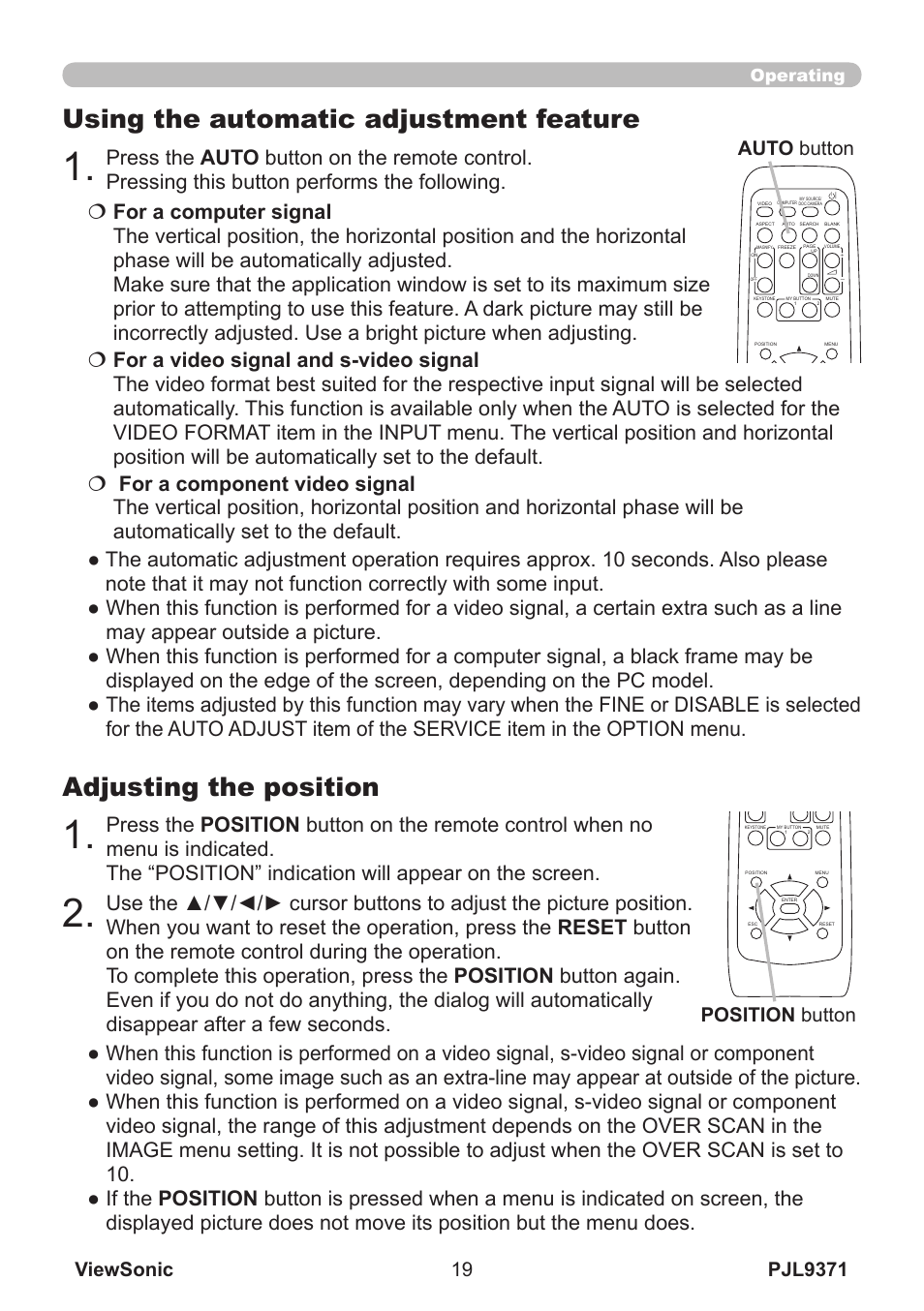 Adjusting the position, Using the automatic adjustment feature, Position button | Auto button, Operating | VIEWSONIC XGA LCD PROJECTOR pjl9371 User Manual | Page 24 / 89