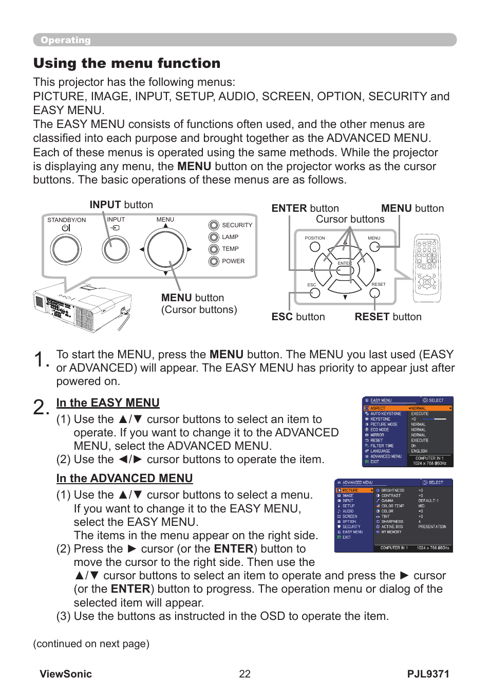 Using the menu function, Pjl9371 viewsonic, Menu button (cursor buttons) | Esc button (continued on next page) input button, Operating | VIEWSONIC XGA LCD PROJECTOR pjl9371 User Manual | Page 27 / 89