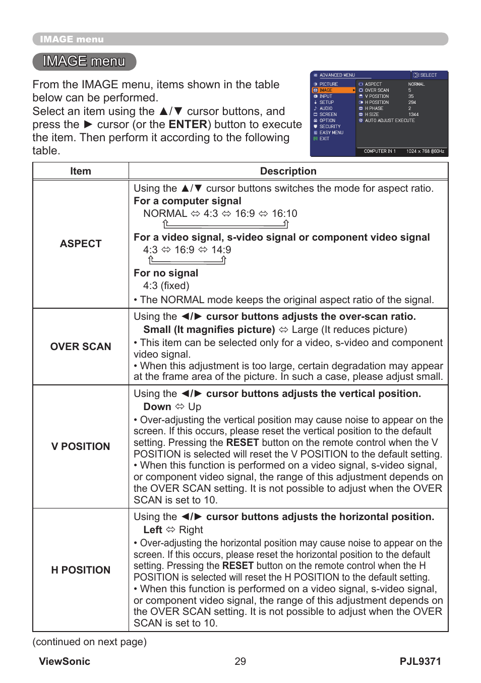 Image menu | VIEWSONIC XGA LCD PROJECTOR pjl9371 User Manual | Page 34 / 89
