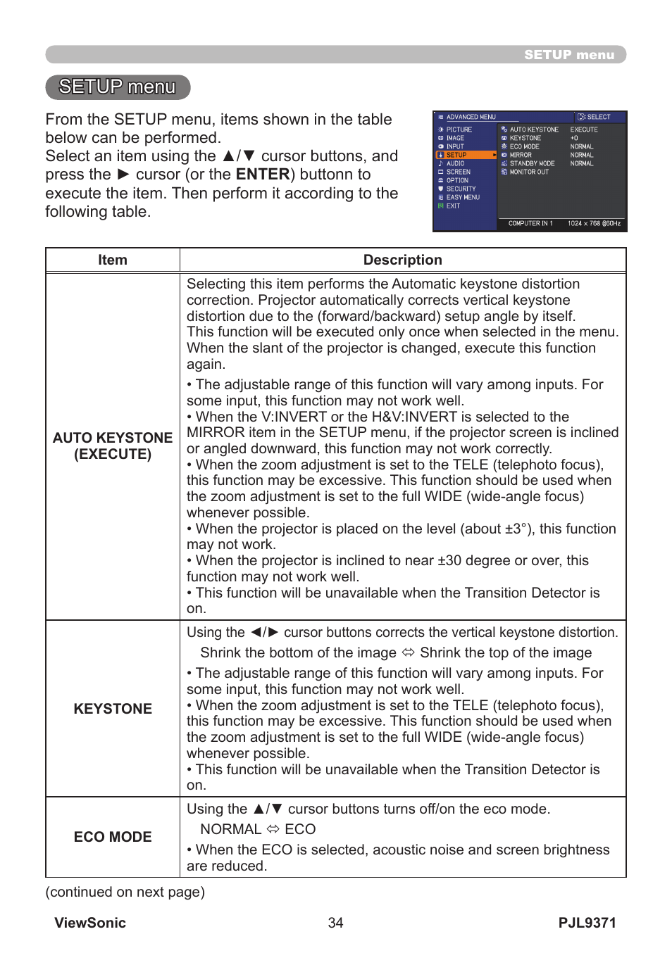 Setup menu | VIEWSONIC XGA LCD PROJECTOR pjl9371 User Manual | Page 39 / 89