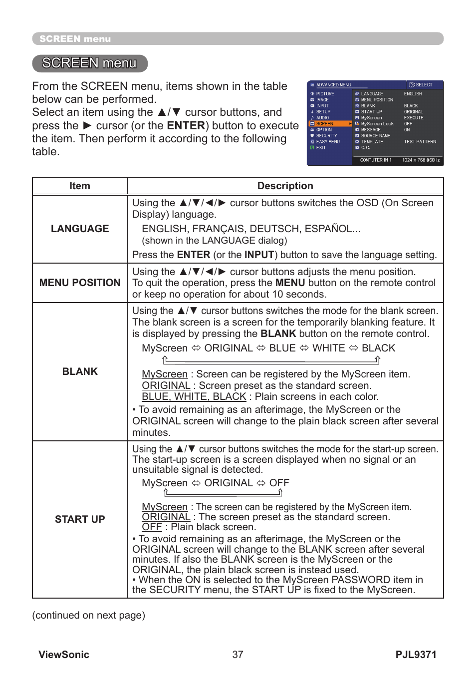 Screen menu | VIEWSONIC XGA LCD PROJECTOR pjl9371 User Manual | Page 42 / 89