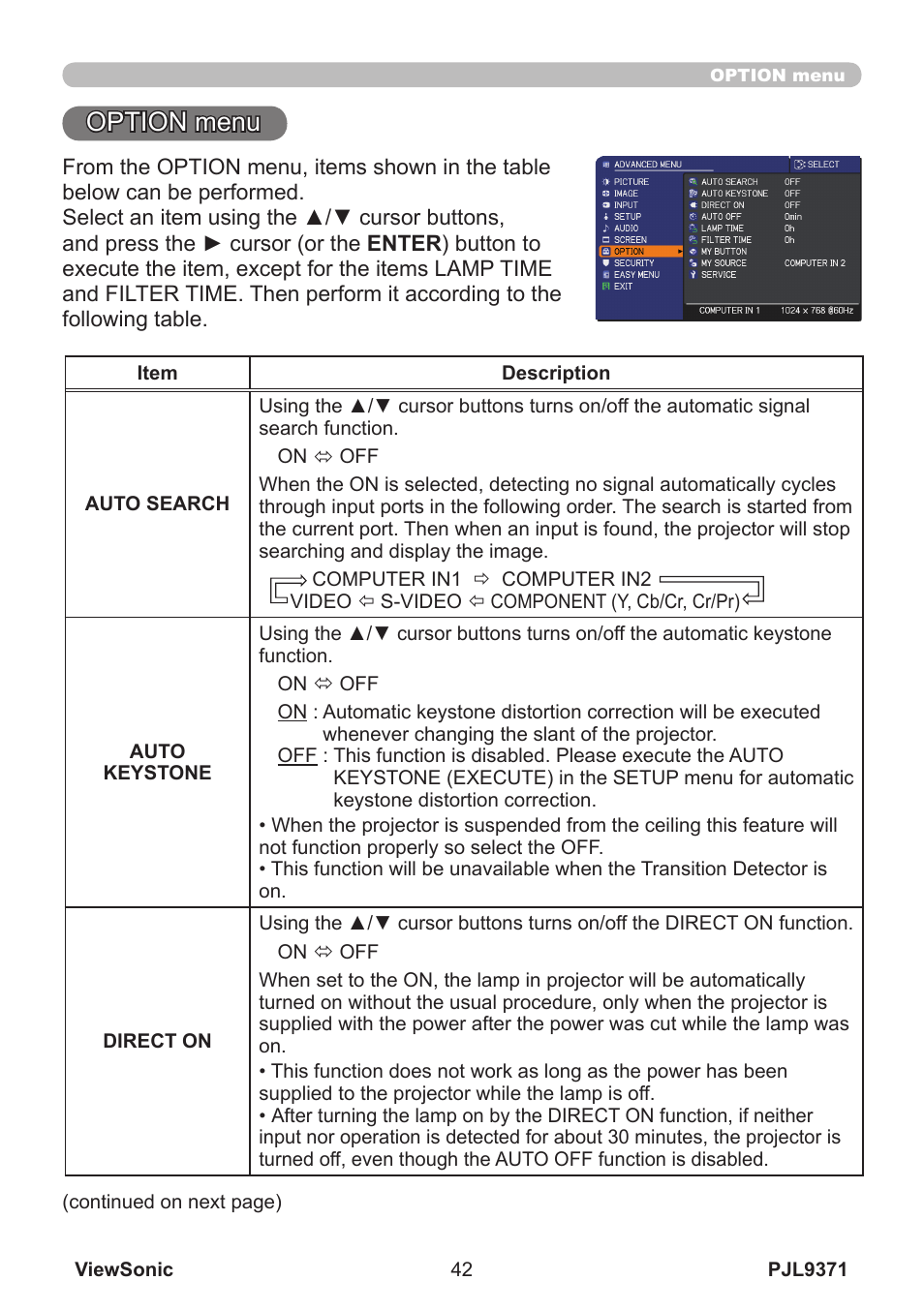 Option menu | VIEWSONIC XGA LCD PROJECTOR pjl9371 User Manual | Page 47 / 89