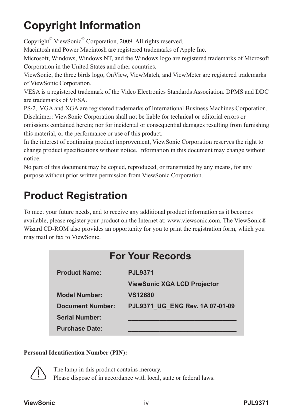 Copyright information, Product registration, For your records | VIEWSONIC XGA LCD PROJECTOR pjl9371 User Manual | Page 5 / 89