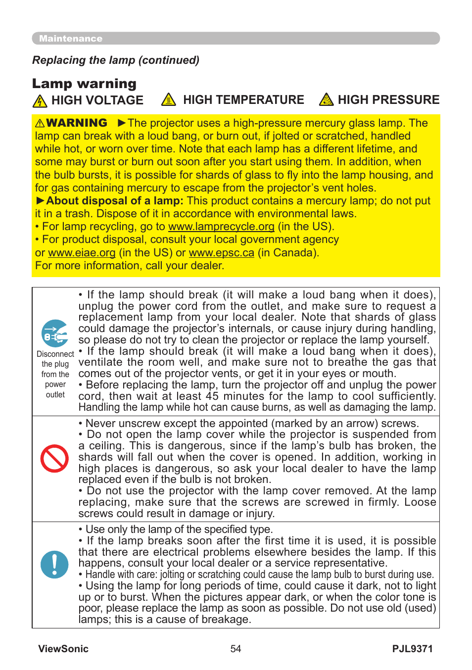 Lamp warning | VIEWSONIC XGA LCD PROJECTOR pjl9371 User Manual | Page 59 / 89