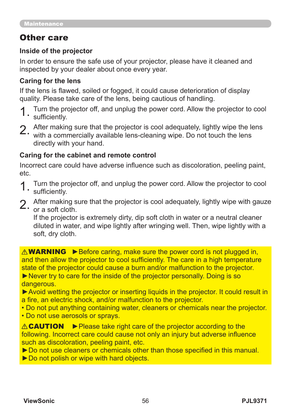 Other care | VIEWSONIC XGA LCD PROJECTOR pjl9371 User Manual | Page 61 / 89
