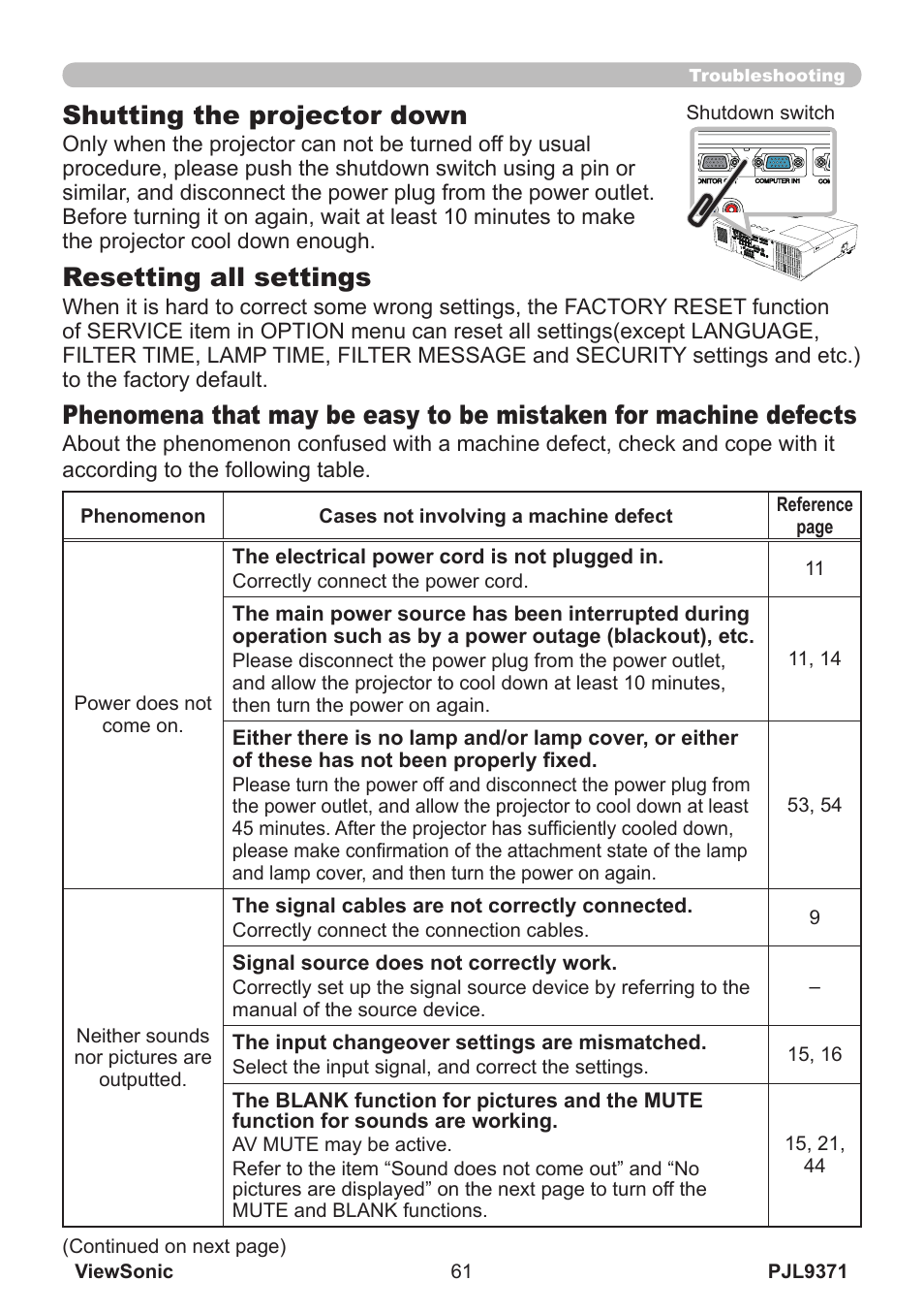 Resetting all settings, Shutting the projector down | VIEWSONIC XGA LCD PROJECTOR pjl9371 User Manual | Page 66 / 89